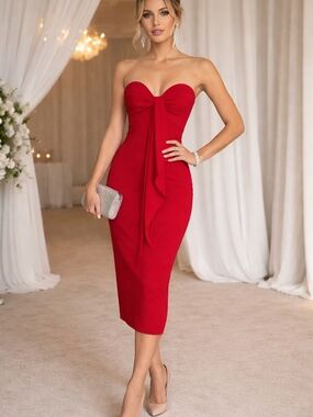 BCBGMaxAzria Red Strapless Midi Dress with Front Drape